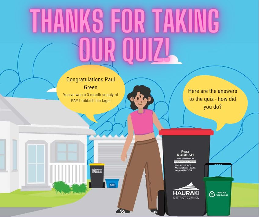Colourful graphic of a young girl standing with the new rubbish bin and food scraps bin, on her driveway. With the words, Thanks for Taking our Quiz in luminous pink letters. Also, Congratulations to Paul Green and a speech bubble saying Here's the answers to the quiz, how did you do?