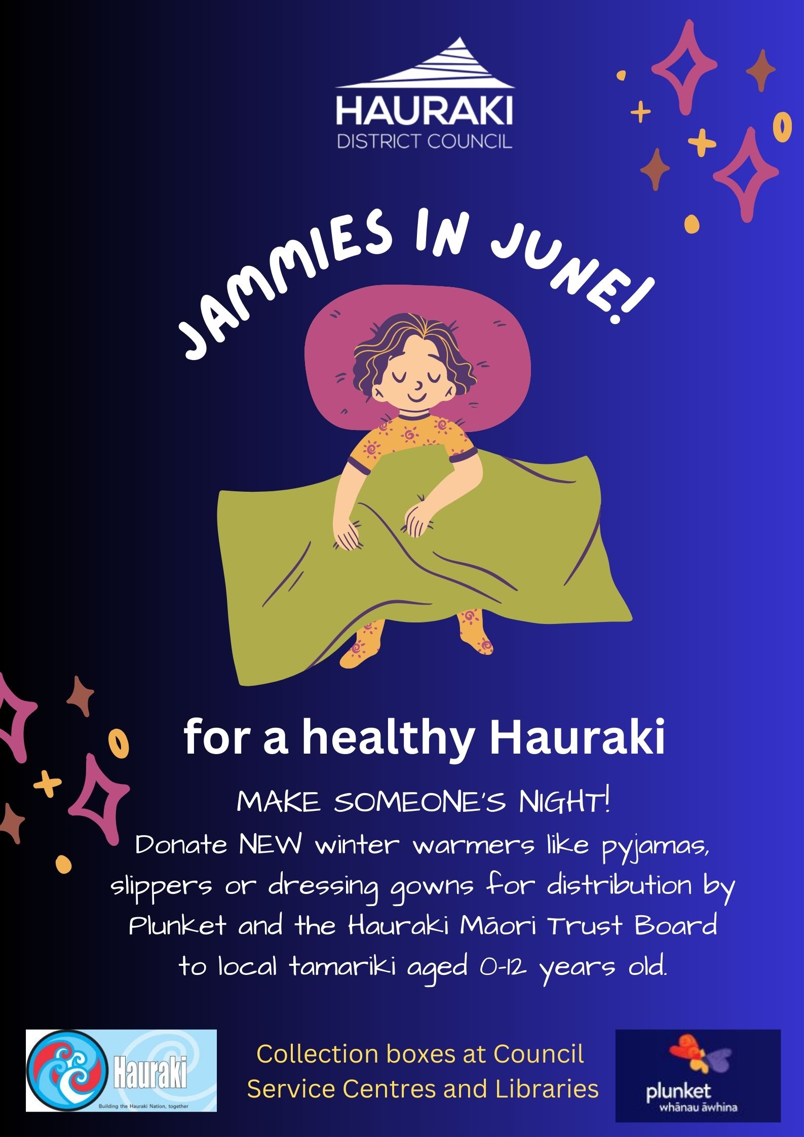 Jammies in June poster with a dark purple background, graphics of stars and a child sleeping cosy in bed.
