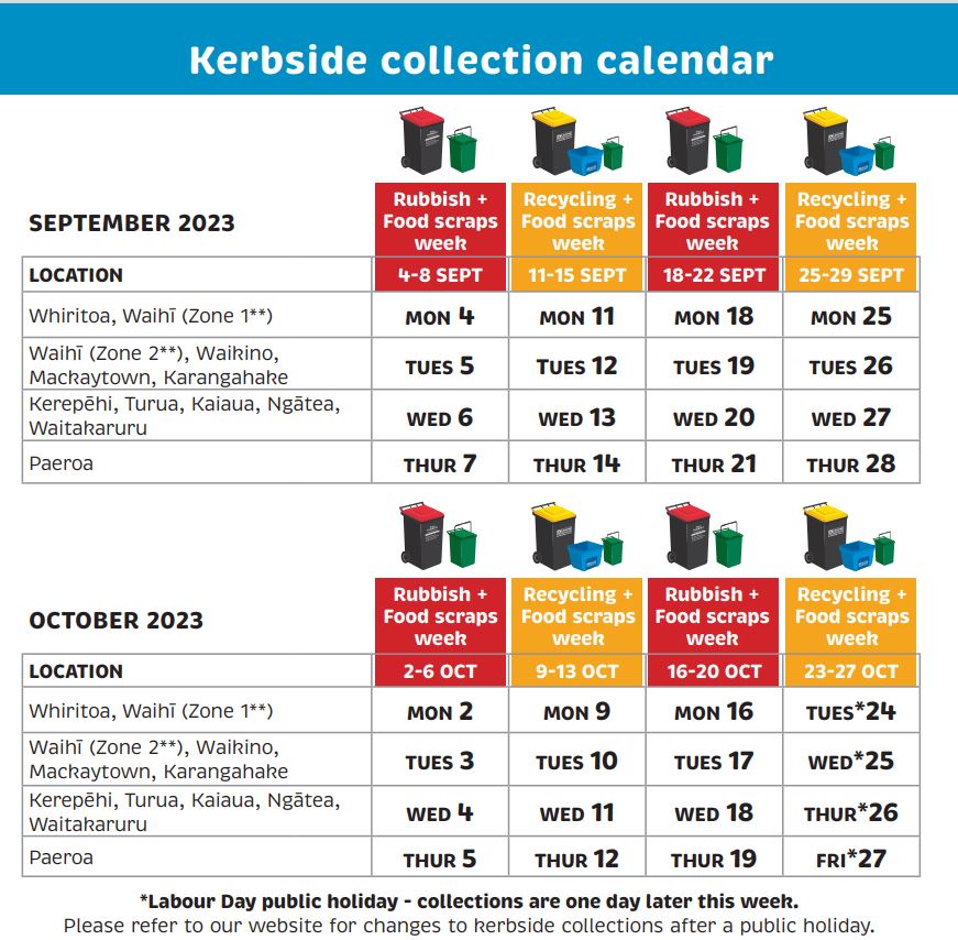 Kerbside collection calendar for the months of September and October