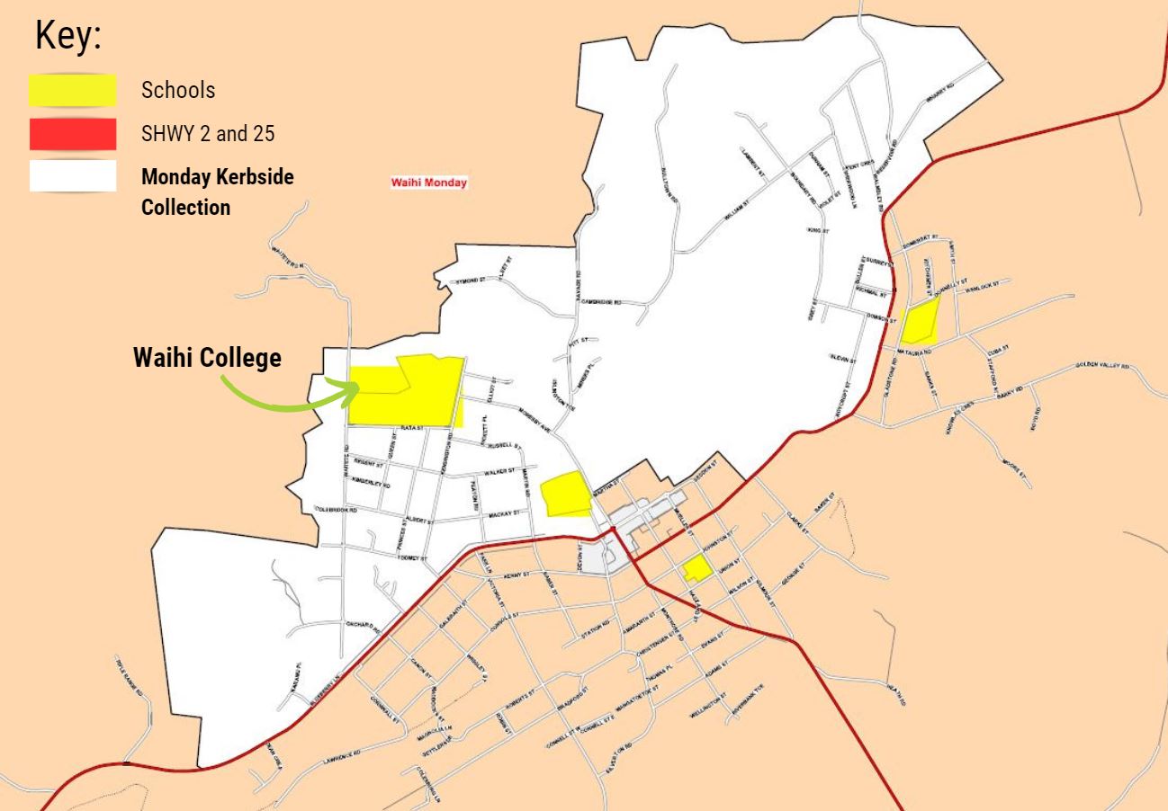 Map of Waihī showing Zone One's collection area in white. The state highways are shown in red and the schools are highlighted in yellow. Properties on the Waihī College side of Parry Palm Avenue, Seddon Street and State Highway 25 will be collected on Monday.