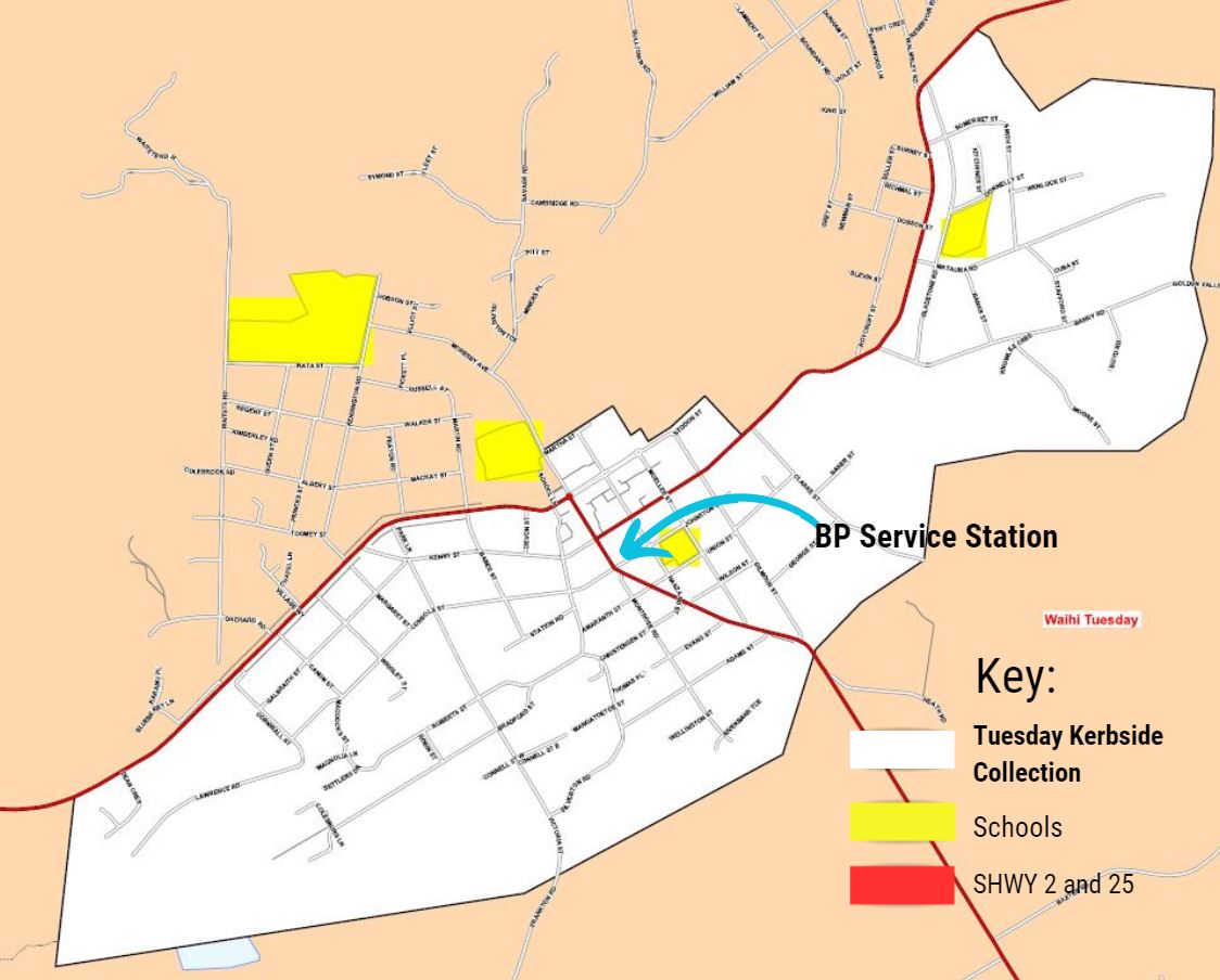 Map of Waihī showing Tuesday's collection area in white. State Highway 2 and 25 are shown in red and schools are highlighted in yellow. Location of BP Station is indicated with a blue arrow. Residential properties on the BP Station side of Parry Palm Avenue, Seddon Street and State Highway 25 will be collected on Tuesday. This also includes the retail and residential properties on Seddon Street, Martha Street and Haszard Street